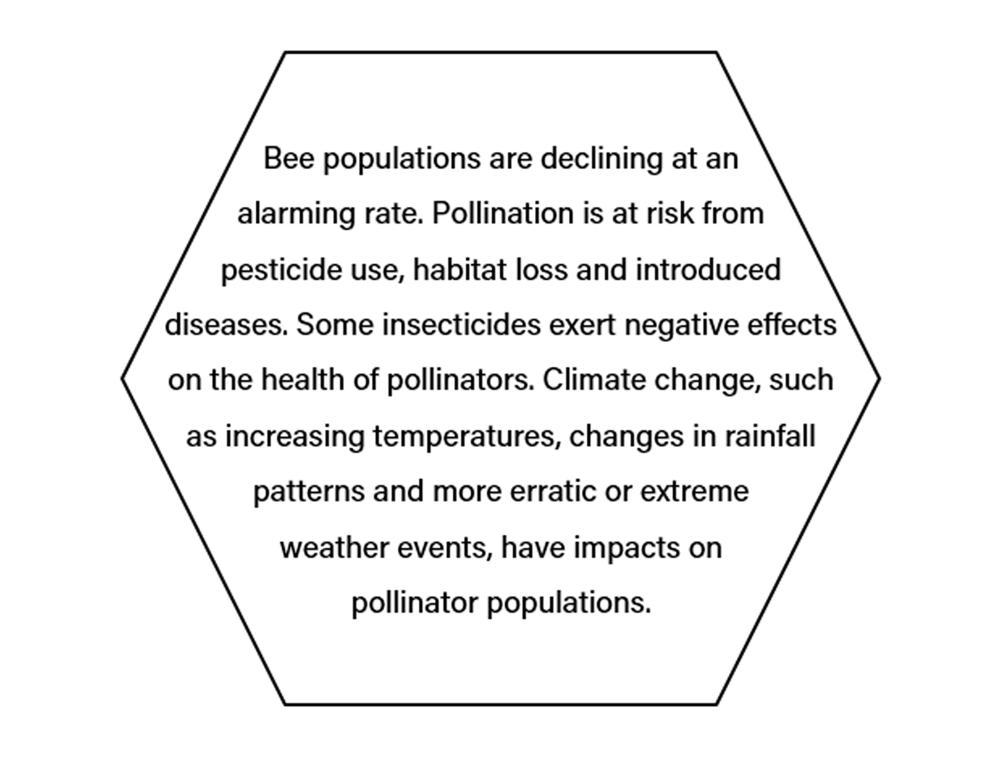 Bee populations are declining at an
alarming rate. Pollination is at risk from pesticide use, habitat loss and introduced diseases. Some insecticides exert negative effects on the health of pollinators. Climate change, such as increasing temperatures, changes in rainfall patterns and more erratic or extreme weather events, have impacts on pollinator populations.